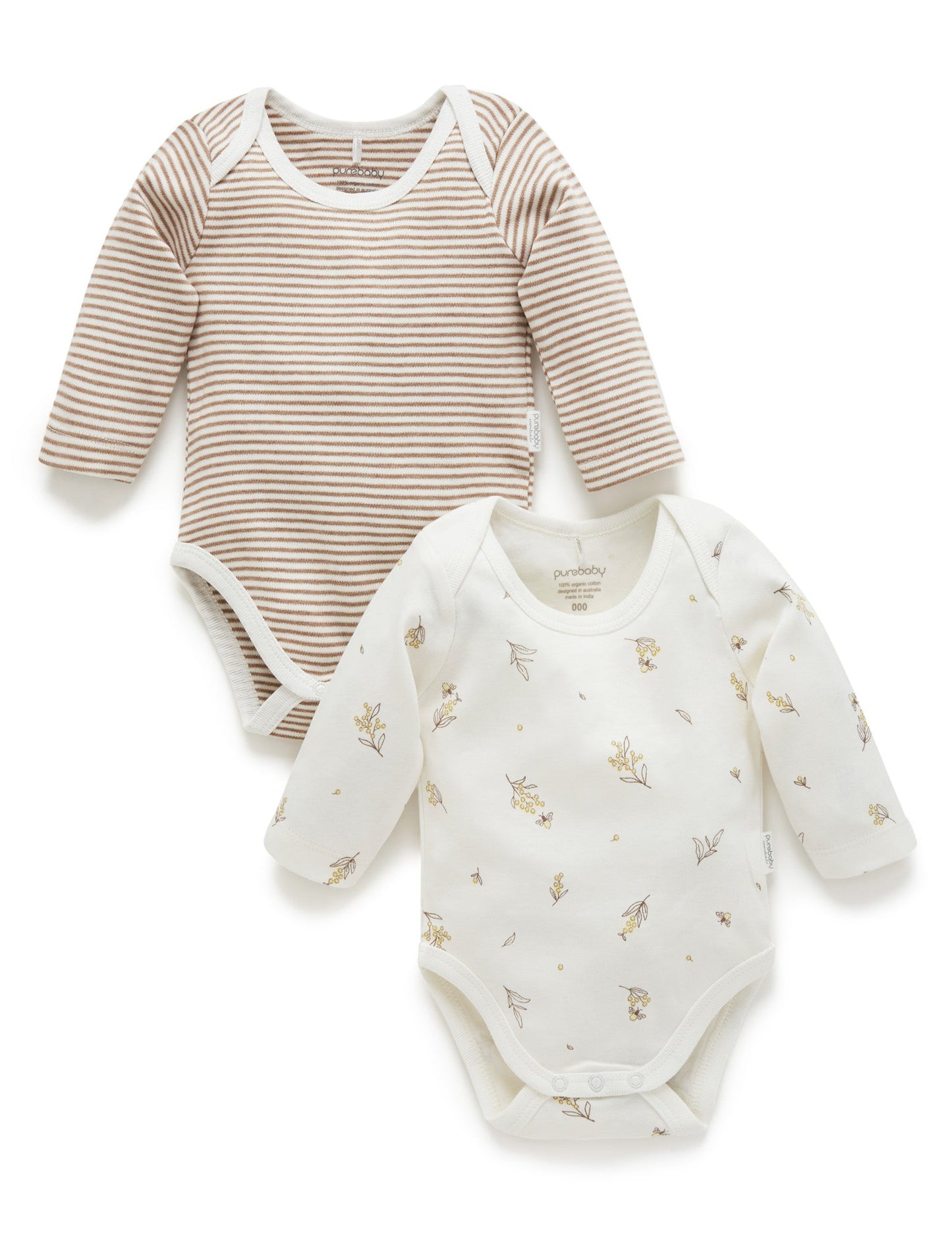 PUREBABY 2 PACK EASY NECK L/S BODYSUIT