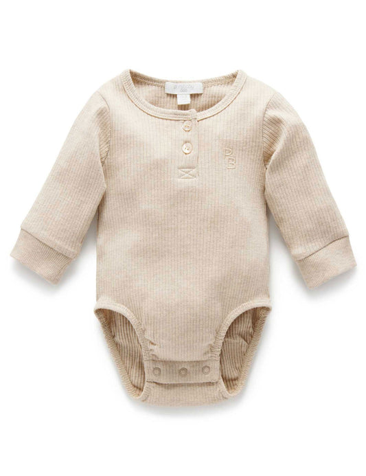 PUREBABY BISCUIT RIBBED L/S HENLEY BODYSUIT